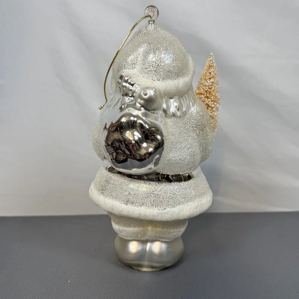 Dept 56 Spirit Santa Claus Christmas Large Ornament Glass Tree Bag Silver White‎